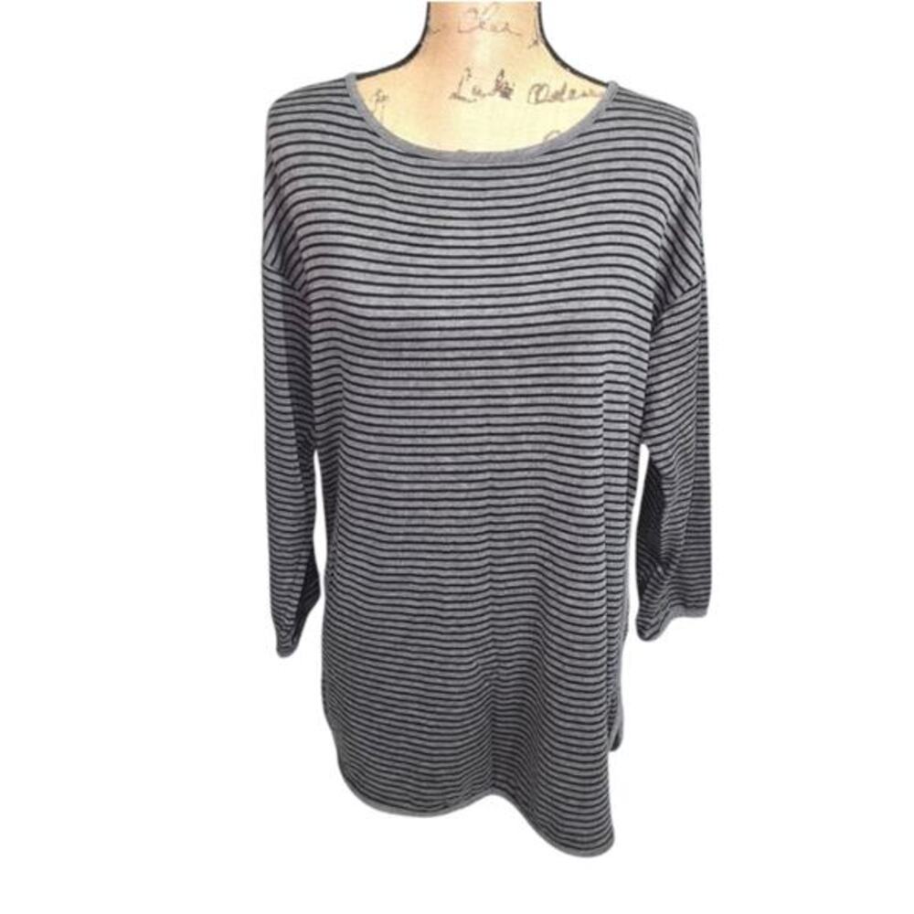 Eileen Fisher Gray Black Striped Tencel Lyocell Knit Tunic Top Womens Small S/P